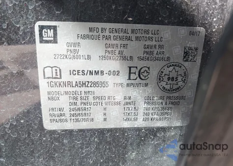 2017 GMC Acadia Sle-1 from USA, damaged, VIN 1GKKNRLA5HZ285955